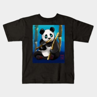 Adorably cute cartoon panda in a bamboo forest at night Kids T-Shirt